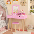 Kid Vanity Table Chair Set with Mirror and 2 Large Storage Drawers-Pink - Pink - Kids Vanities