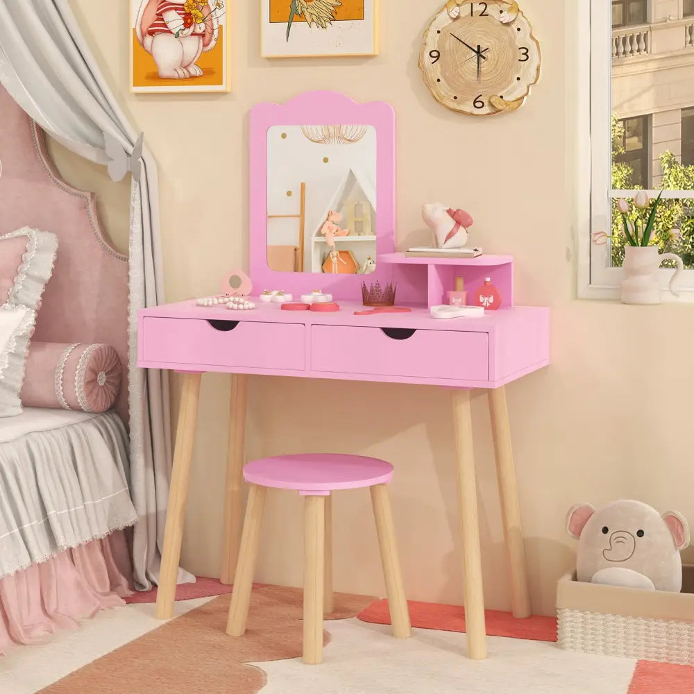 Kid Vanity Table Chair Set with Mirror and 2 Large Storage Drawers-Pink - Pink - Kids Vanities