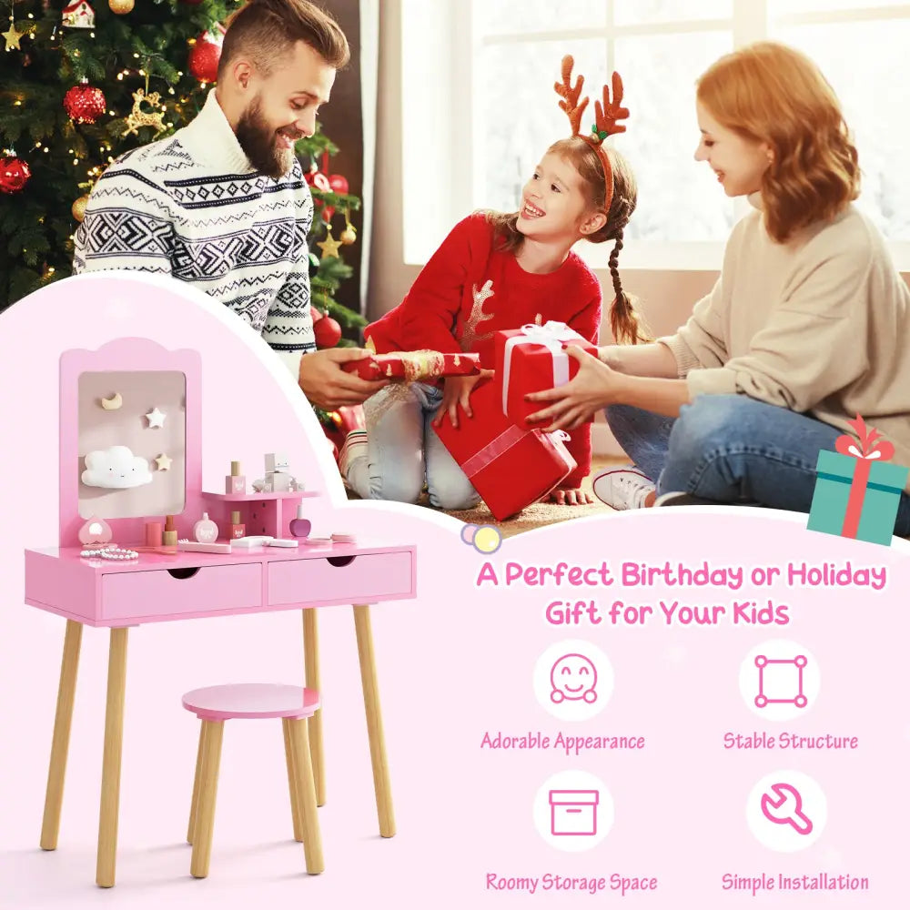 Kid Vanity Table Chair Set with Mirror and 2 Large Storage Drawers-Pink - Pink - Kids Vanities