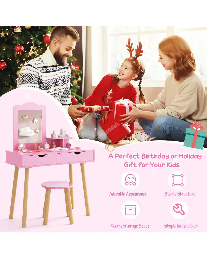 Kid Vanity Table Chair Set with Mirror and 2 Large Storage Drawers-Pink - Pink - Kids Vanities
