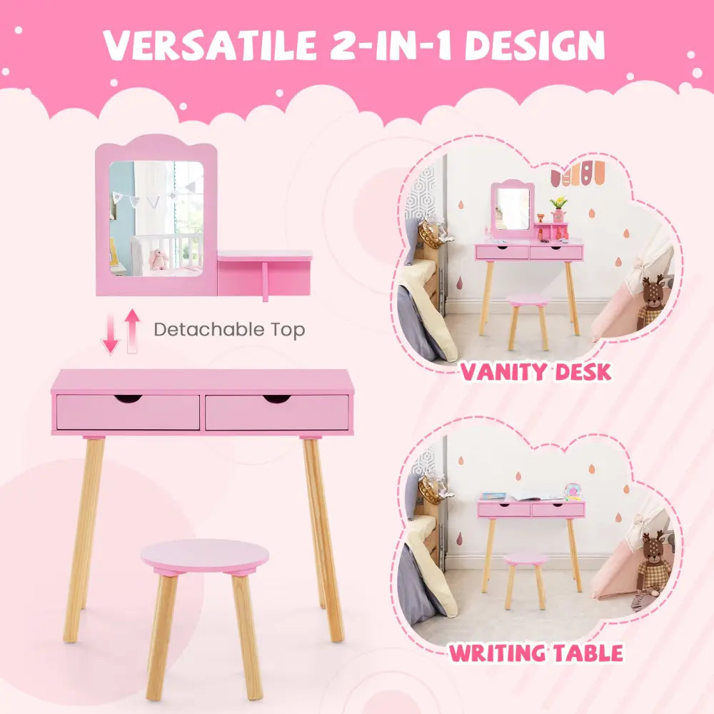 Kid Vanity Table Chair Set with Mirror and 2 Large Storage Drawers-Pink - Pink - Kids Vanities