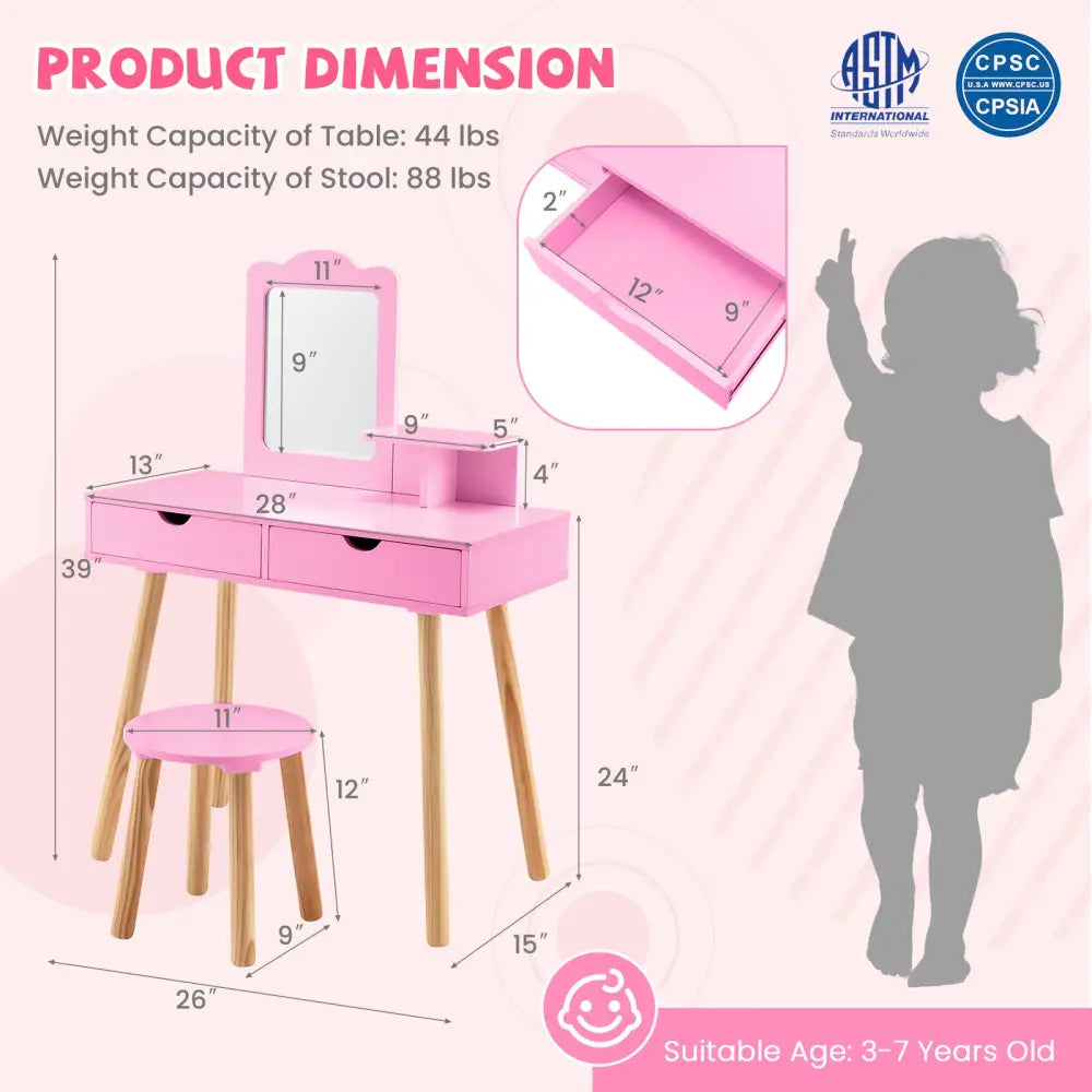 Kid Vanity Table Chair Set with Mirror and 2 Large Storage Drawers-Pink - Pink - Kids Vanities