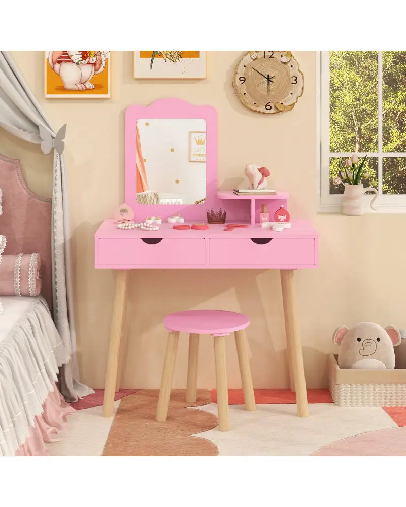 Kid Vanity Table Chair Set with Mirror and 2 Large Storage Drawers-Pink - Pink - Kids Vanities