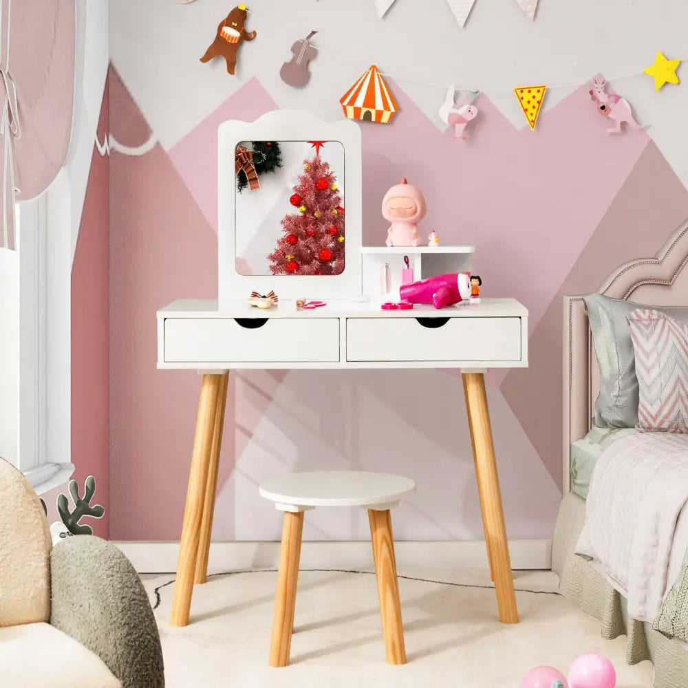 Kid Vanity Table Chair Set with Mirror and 2 Large Storage Drawers-White - White - Kids Vanities
