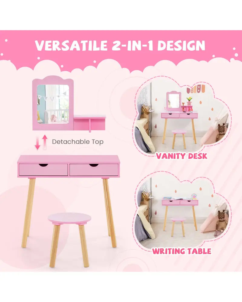 Kid Vanity Table Chair Set with Mirror and 2 Large Storage Drawers-Pink - Pink - Kids Vanities