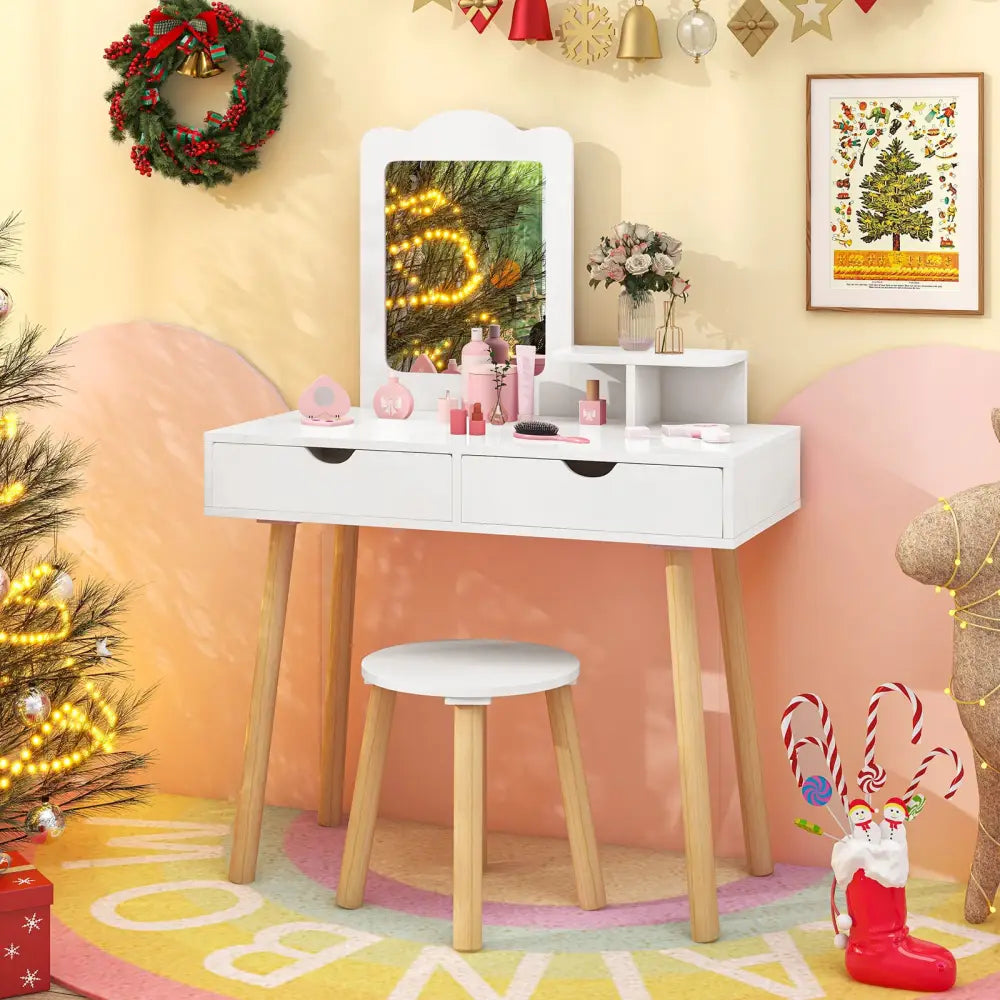 Kid Vanity Table Chair Set with Mirror and 2 Large Storage Drawers-White - White - Kids Vanities