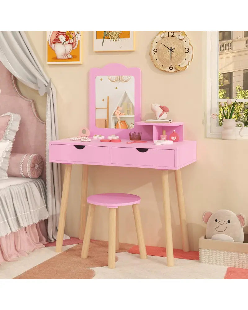 Kid Vanity Table Chair Set with Mirror and 2 Large Storage Drawers-Pink - Pink - Kids Vanities