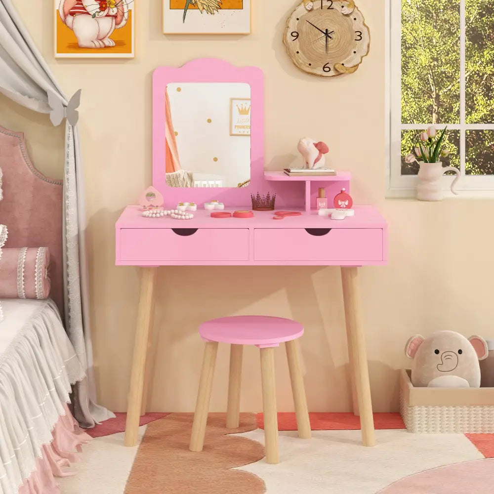 Kid Vanity Table Chair Set with Mirror and 2 Large Storage Drawers-Pink - Pink - Kids Vanities