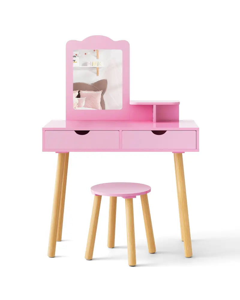 Kid Vanity Table Chair Set with Mirror and 2 Large Storage Drawers-Pink - Pink - Kids Vanities