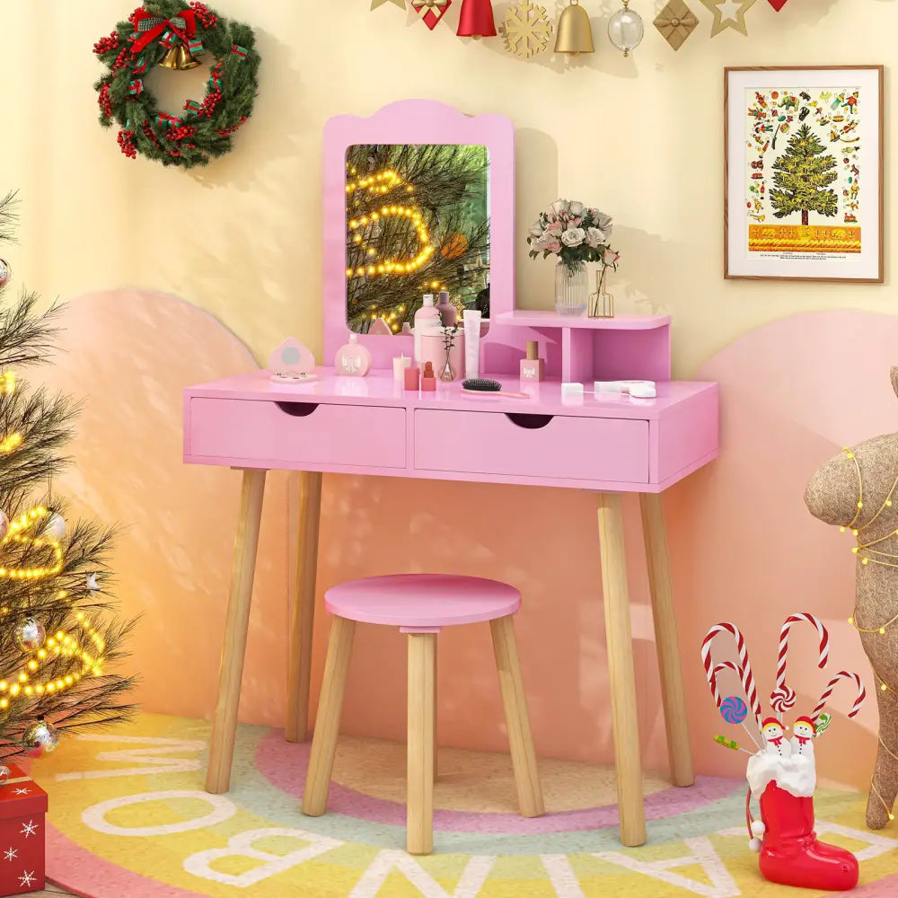 Kid Vanity Table Chair Set with Mirror and 2 Large Storage Drawers-Pink - Pink - Kids Vanities