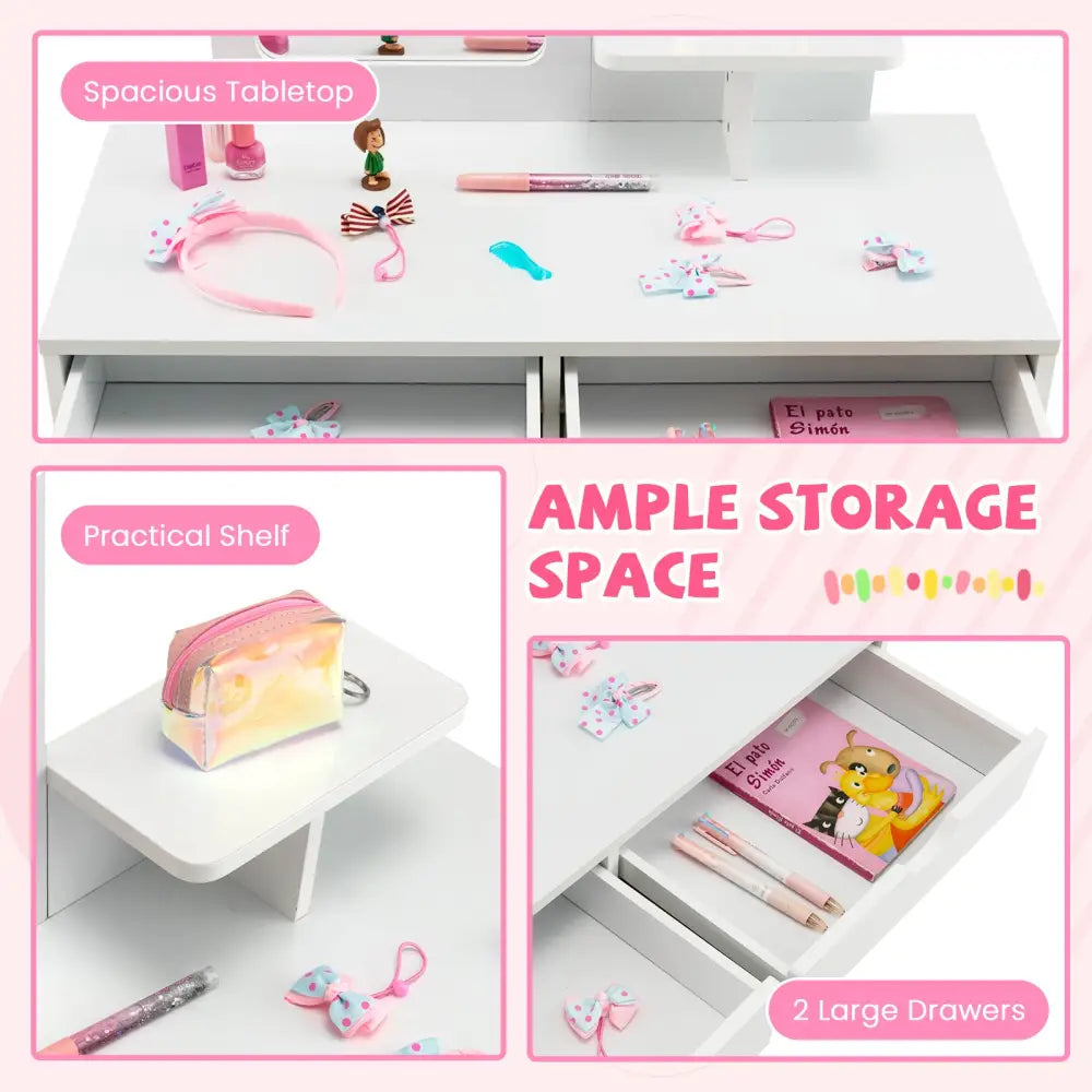 Kid Vanity Table Chair Set with Mirror and 2 Large Storage Drawers-White - White - Kids Vanities