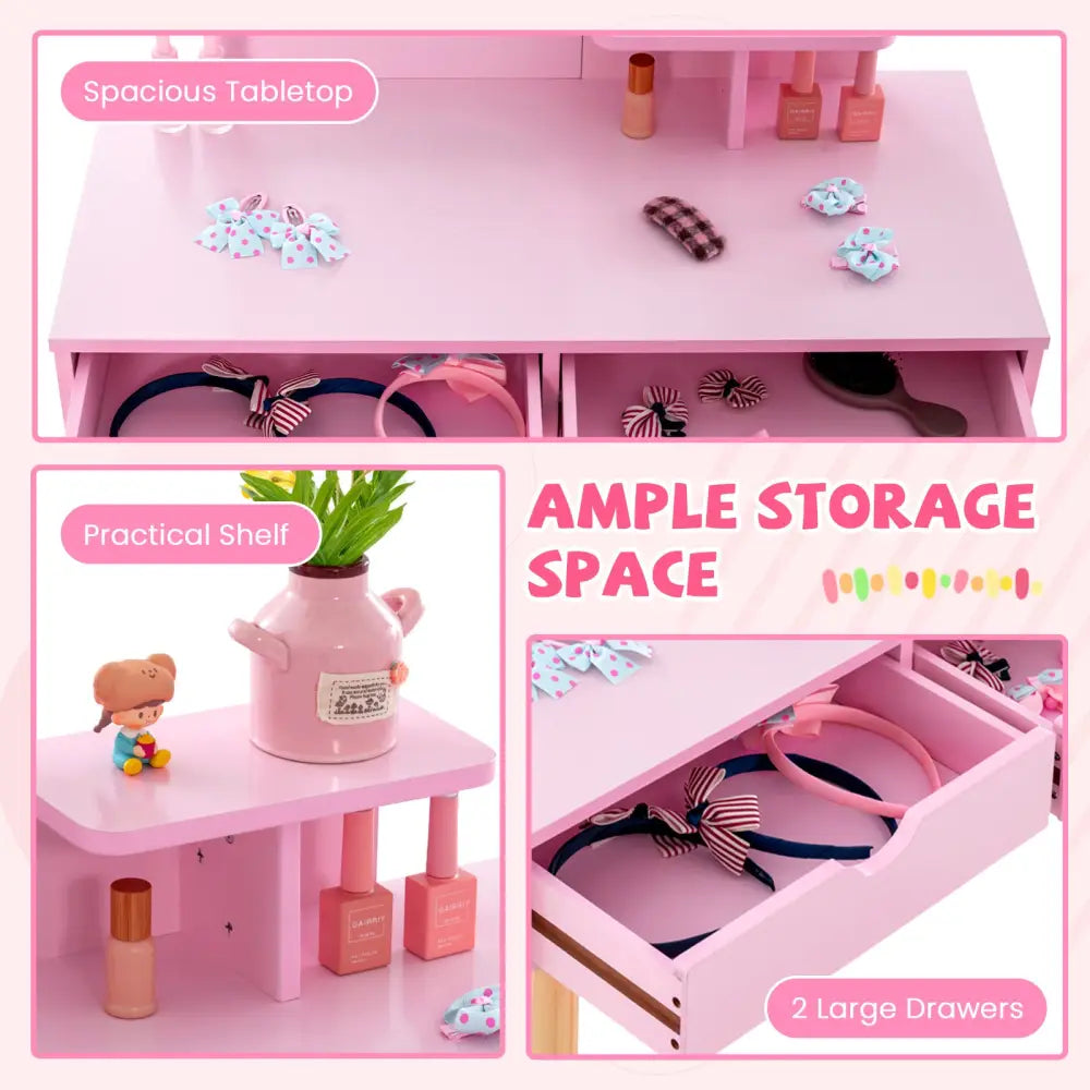 Kid Vanity Table Chair Set with Mirror and 2 Large Storage Drawers-Pink - Pink - Kids Vanities