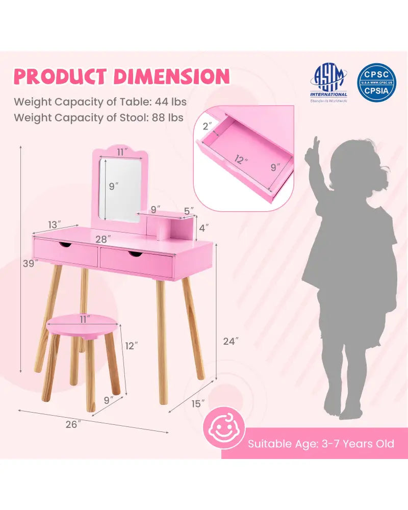 Kid Vanity Table Chair Set with Mirror and 2 Large Storage Drawers-Pink - Pink - Kids Vanities