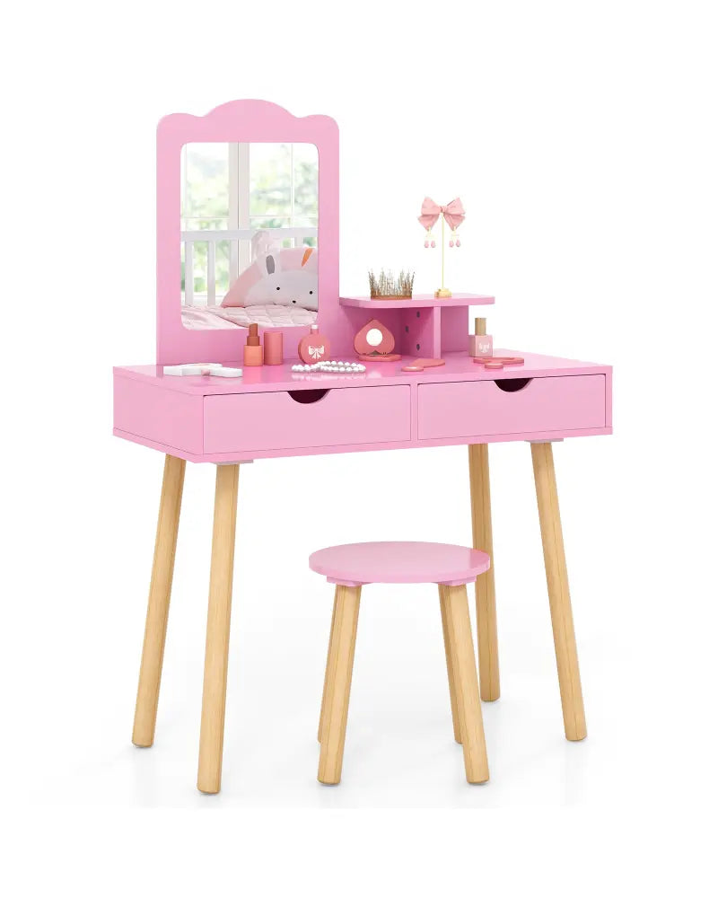 Kid Vanity Table Chair Set with Mirror and 2 Large Storage Drawers-Pink - Pink - Kids Vanities
