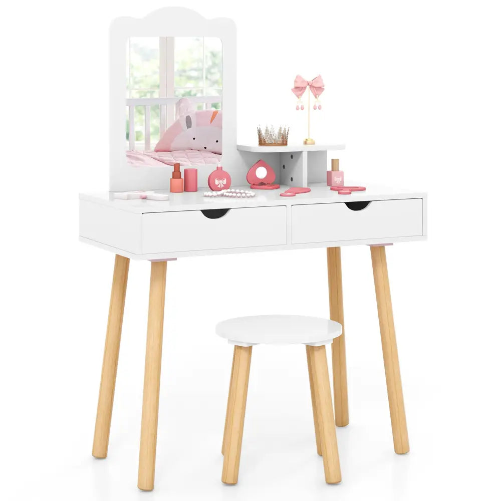 Kid Vanity Table Chair Set with Mirror and 2 Large Storage Drawers-White - White - Kids Vanities