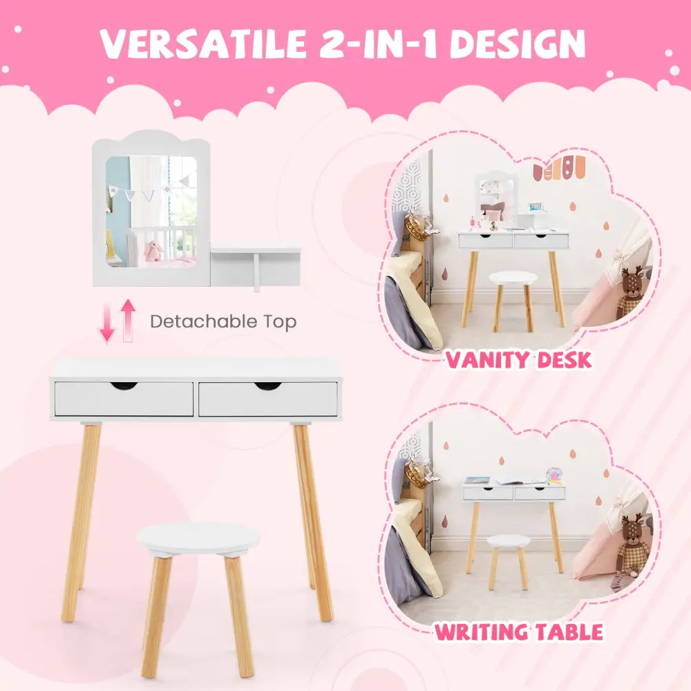 Kid Vanity Table Chair Set with Mirror and 2 Large Storage Drawers-White - White - Kids Vanities