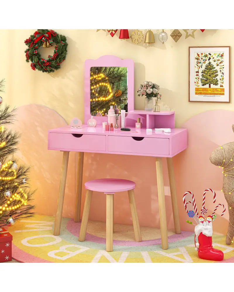 Kid Vanity Table Chair Set with Mirror and 2 Large Storage Drawers-Pink - Pink - Kids Vanities