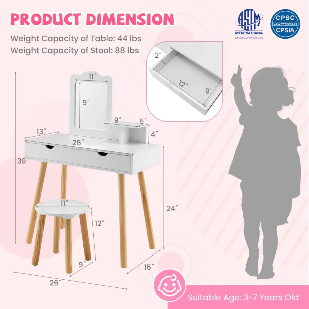 Kid Vanity Table Chair Set with Mirror and 2 Large Storage Drawers-White - White - Kids Vanities