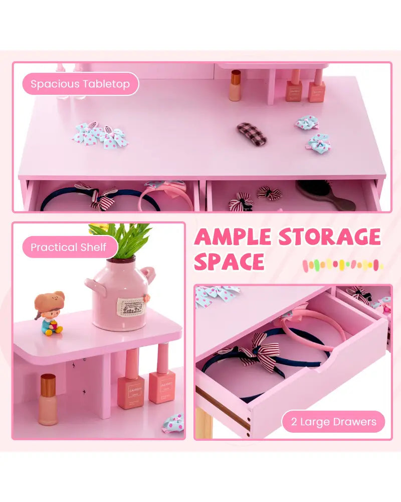Kid Vanity Table Chair Set with Mirror and 2 Large Storage Drawers-Pink - Pink - Kids Vanities