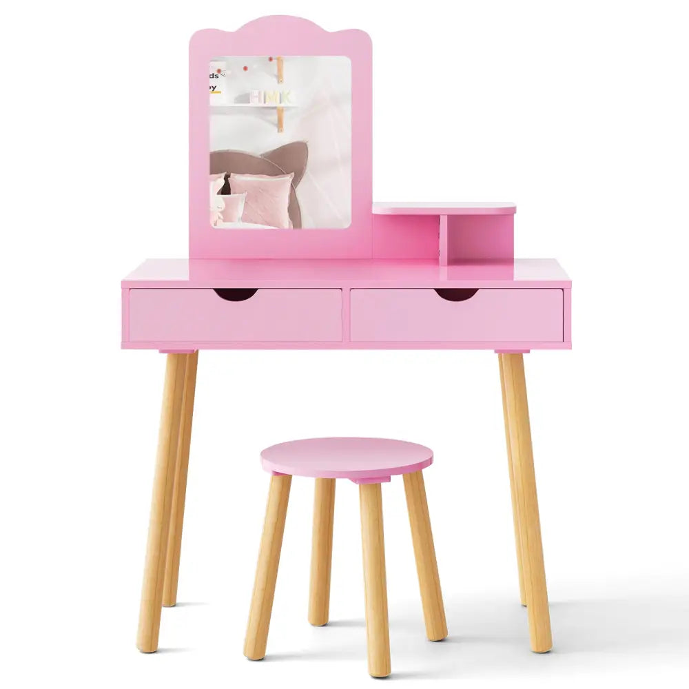 Kid Vanity Table Chair Set with Mirror and 2 Large Storage Drawers-Pink - Pink - Kids Vanities