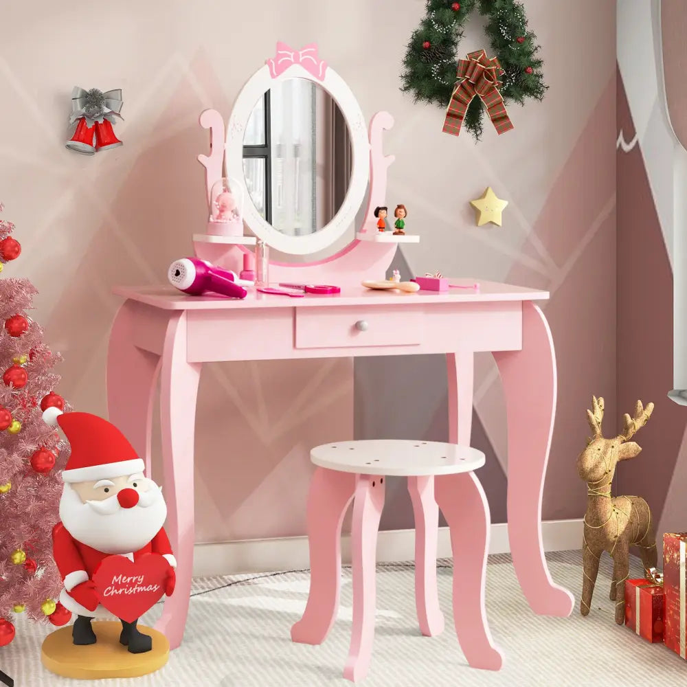 Kid Vanity Table Stool Set with Oval Rotatable Mirror-Pink - Pink - Kids Vanities