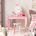 Kid Vanity Table Stool Set with Oval Rotatable Mirror-Pink - Pink - Kids Vanities