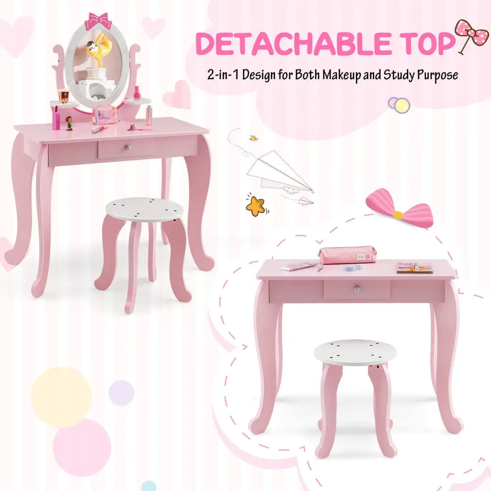 Kid Vanity Table Stool Set with Oval Rotatable Mirror-Pink - Pink - Kids Vanities