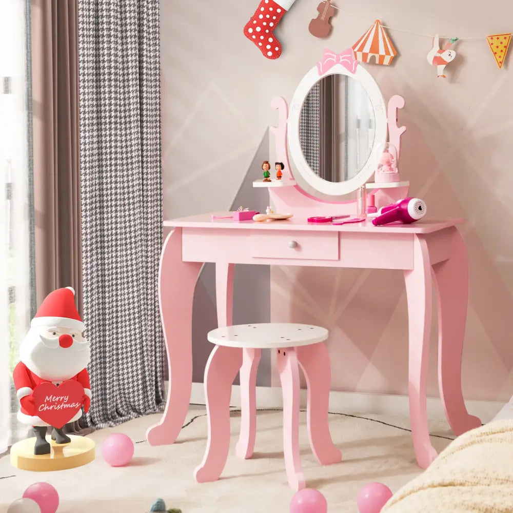 Kid Vanity Table Stool Set with Oval Rotatable Mirror-Pink - Pink - Kids Vanities