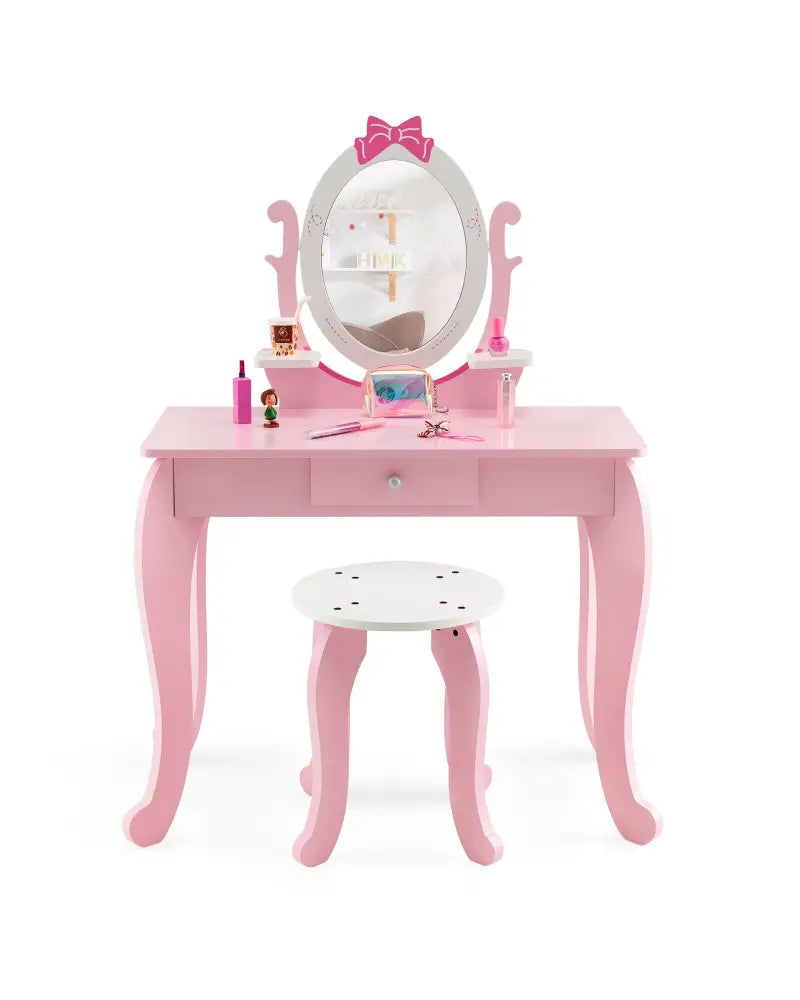 Kid Vanity Table Stool Set with Oval Rotatable Mirror-Pink - Pink - Kids Vanities