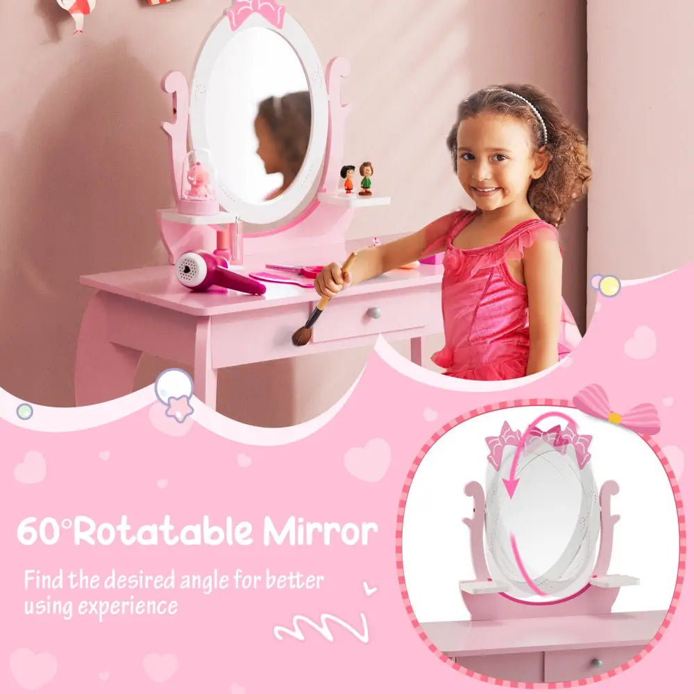 Kid Vanity Table Stool Set with Oval Rotatable Mirror-Pink - Pink - Kids Vanities