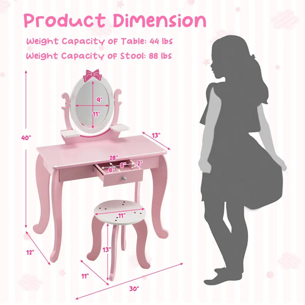 Kid Vanity Table Stool Set with Oval Rotatable Mirror-Pink - Pink - Kids Vanities