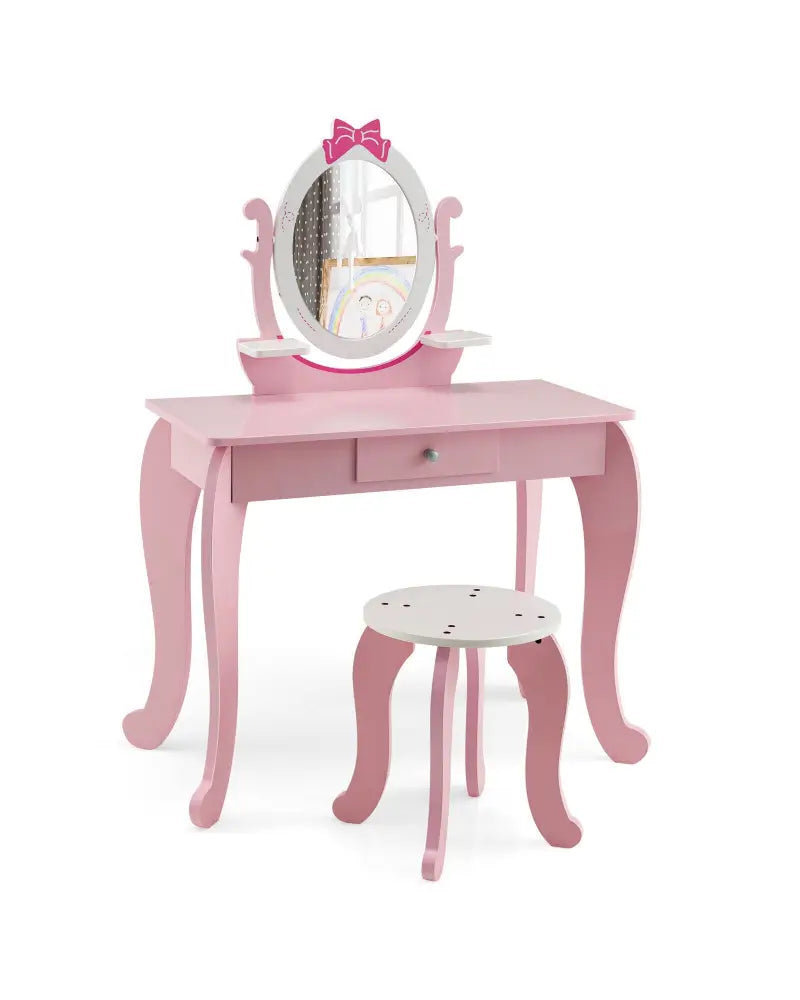 Kid Vanity Table Stool Set with Oval Rotatable Mirror-Pink - Pink - Kids Vanities