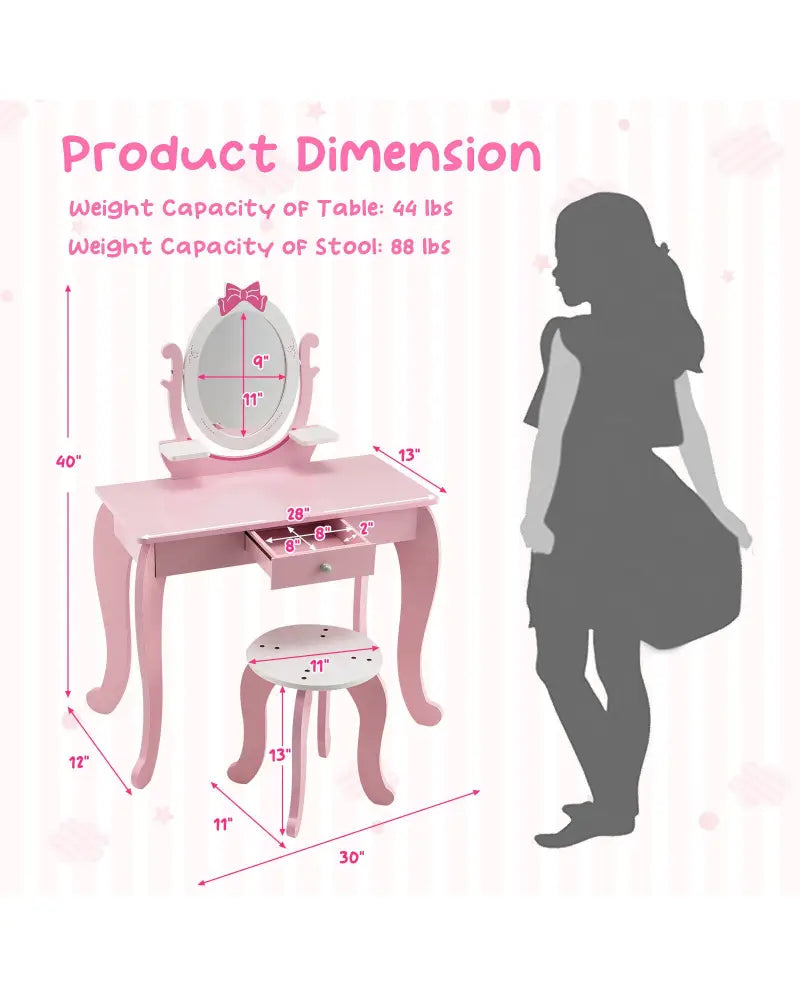 Kid Vanity Table Stool Set with Oval Rotatable Mirror-Pink - Pink - Kids Vanities