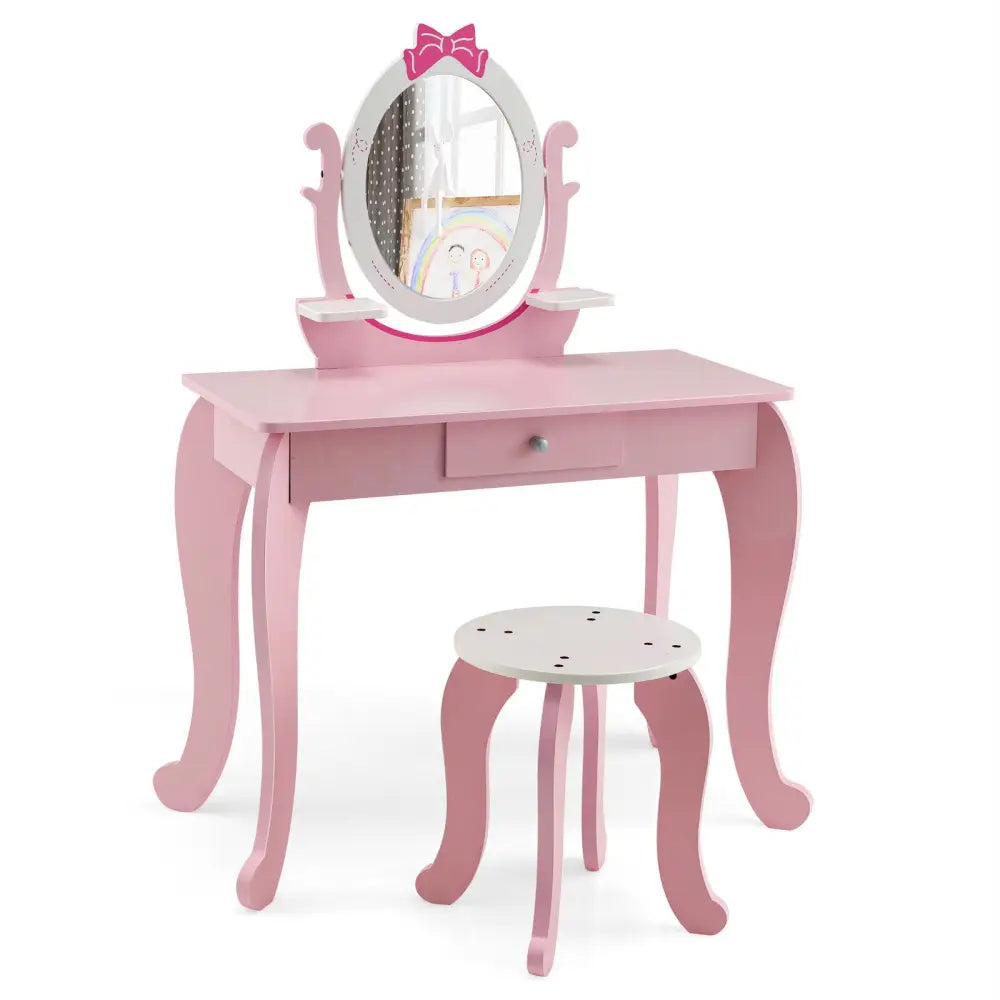Kid Vanity Table Stool Set with Oval Rotatable Mirror-Pink - Pink - Kids Vanities
