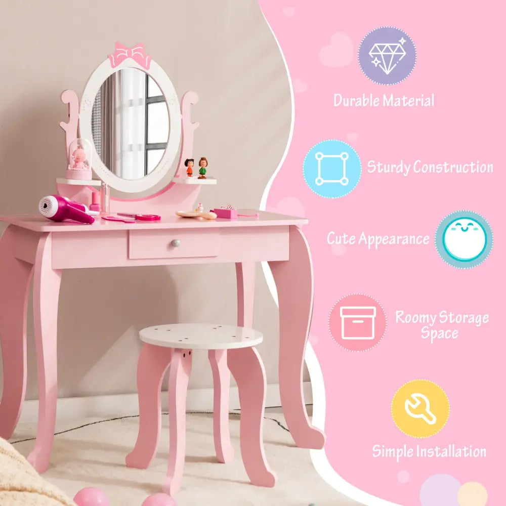 Kid Vanity Table Stool Set with Oval Rotatable Mirror-Pink - Pink - Kids Vanities