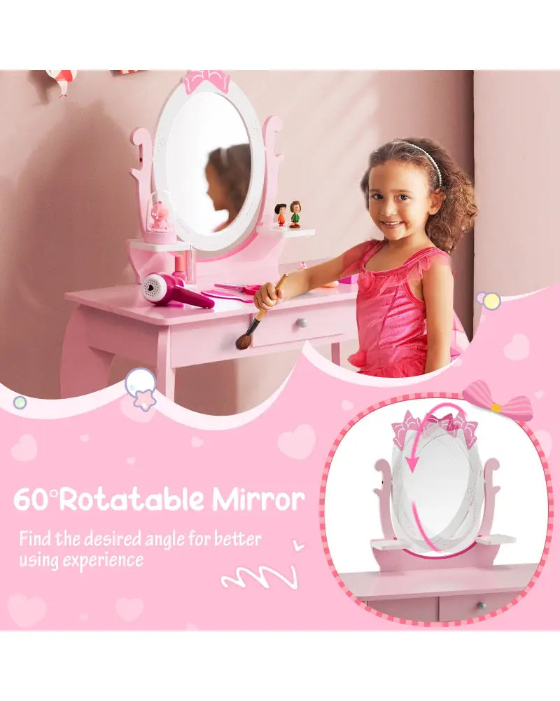 Kid Vanity Table Stool Set with Oval Rotatable Mirror-Pink - Pink - Kids Vanities