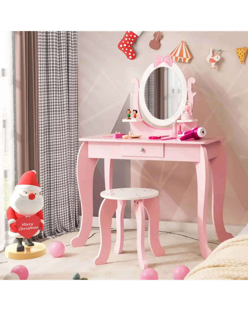 Kid Vanity Table Stool Set with Oval Rotatable Mirror-Pink - Pink - Kids Vanities