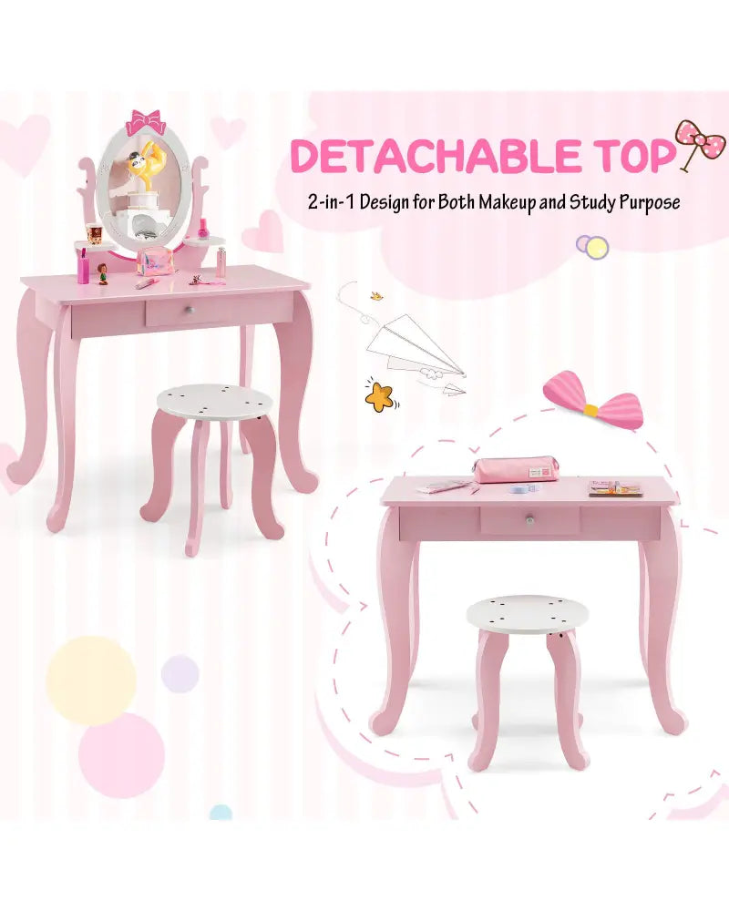 Kid Vanity Table Stool Set with Oval Rotatable Mirror-Pink - Pink - Kids Vanities