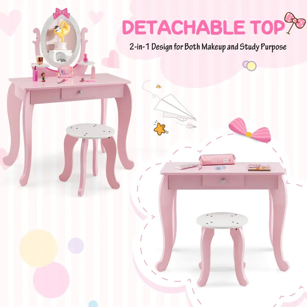 Kid Vanity Table Stool Set with Oval Rotatable Mirror-Pink - Pink - Kids Vanities