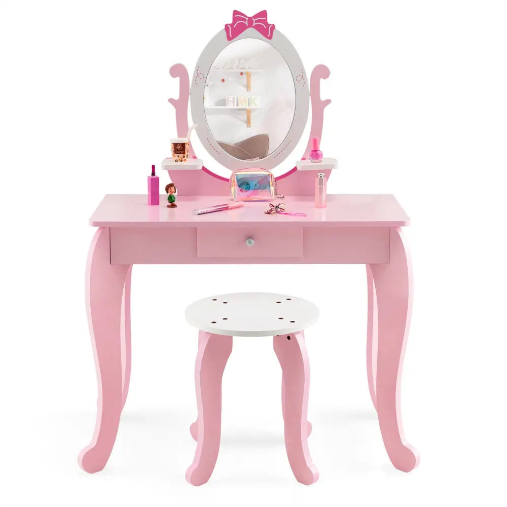 Kid Vanity Table Stool Set with Oval Rotatable Mirror-Pink - Pink - Kids Vanities