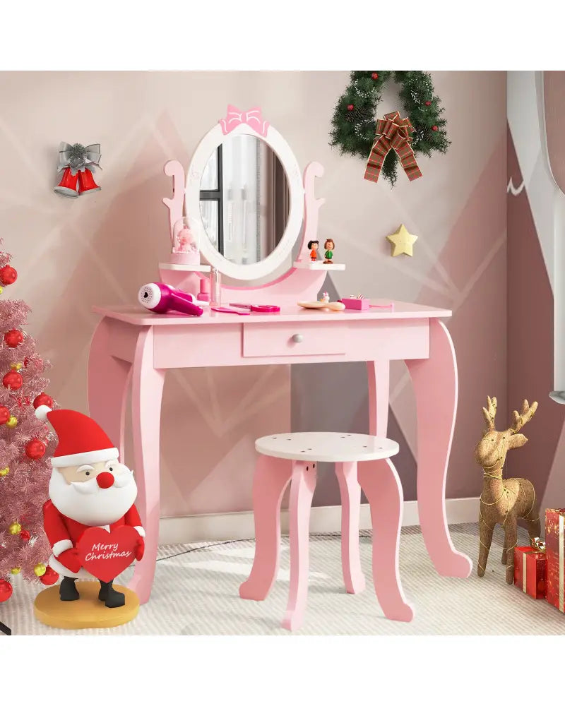 Kid Vanity Table Stool Set with Oval Rotatable Mirror-Pink - Pink - Kids Vanities