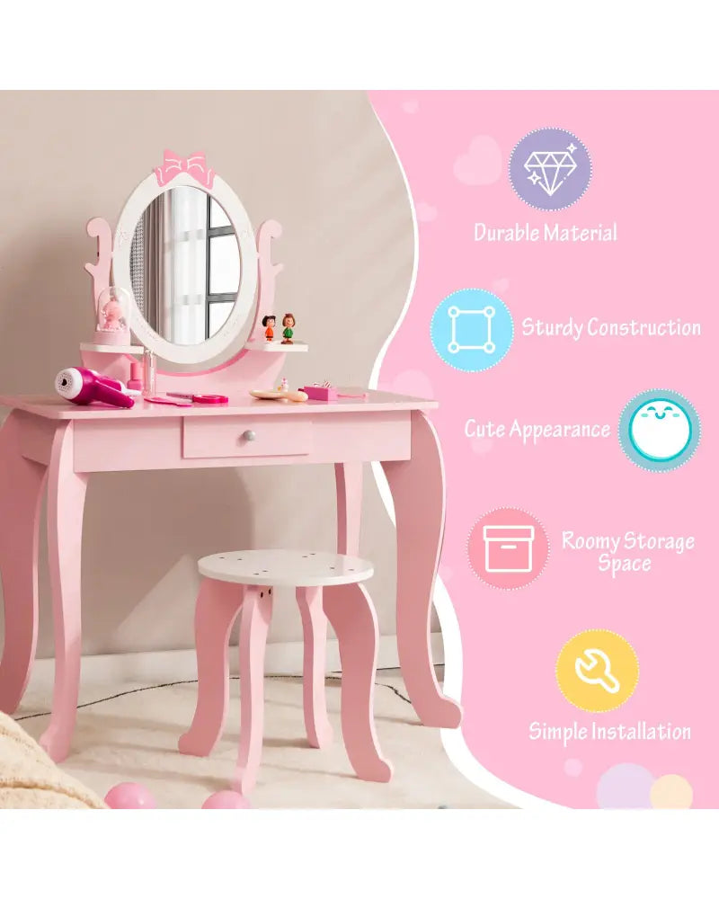 Kid Vanity Table Stool Set with Oval Rotatable Mirror-Pink - Pink - Kids Vanities