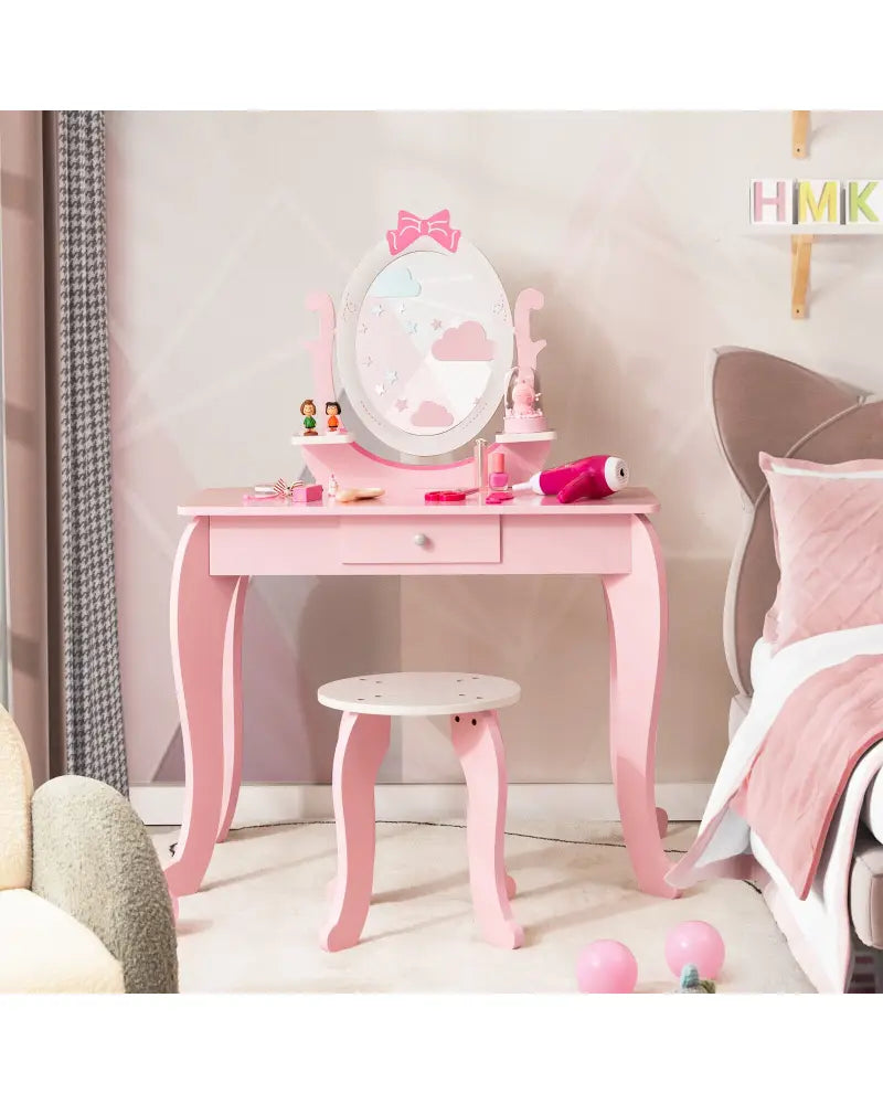 Kid Vanity Table Stool Set with Oval Rotatable Mirror-Pink - Pink - Kids Vanities