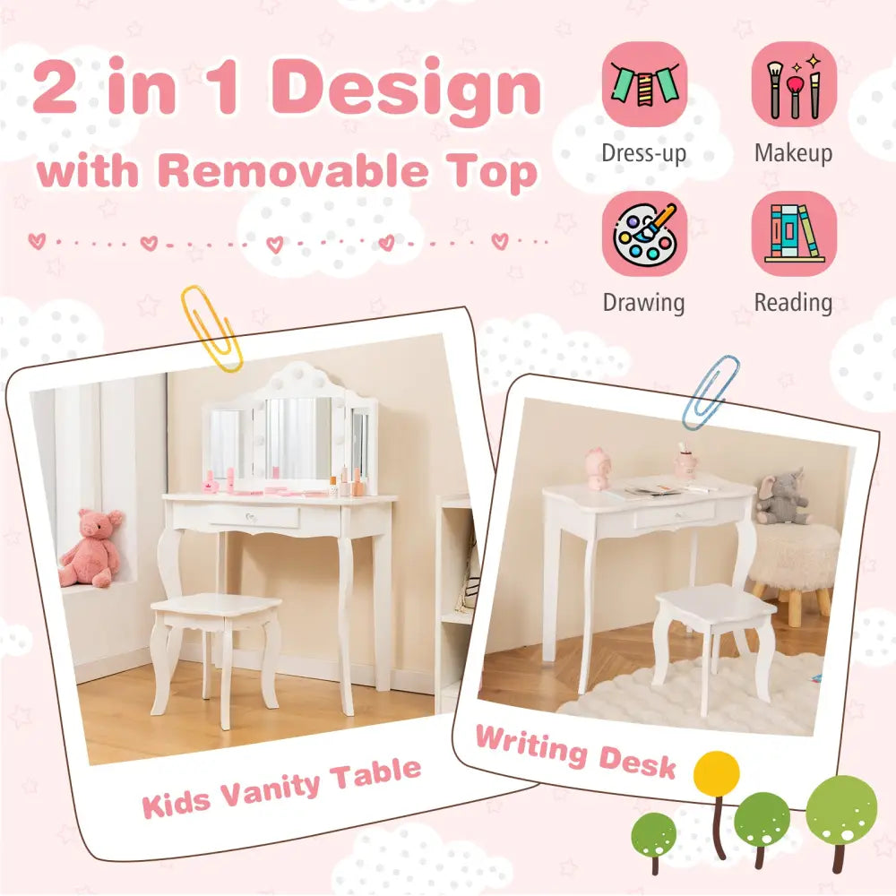 Kid Vanity Table Stool Set with Tri-Folding Mirror and 3-Color LED Lights-White - White - Kids Vanities