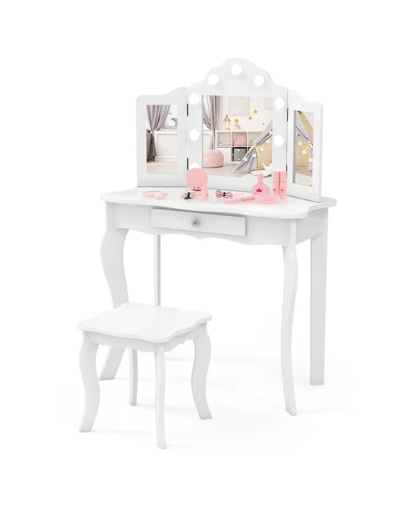 Kid Vanity Table Stool Set with Tri-Folding Mirror and 3-Color LED Lights-White - White - Kids Vanities