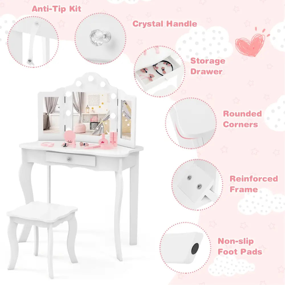 Kid Vanity Table Stool Set with Tri-Folding Mirror and 3-Color LED Lights-White - White - Kids Vanities