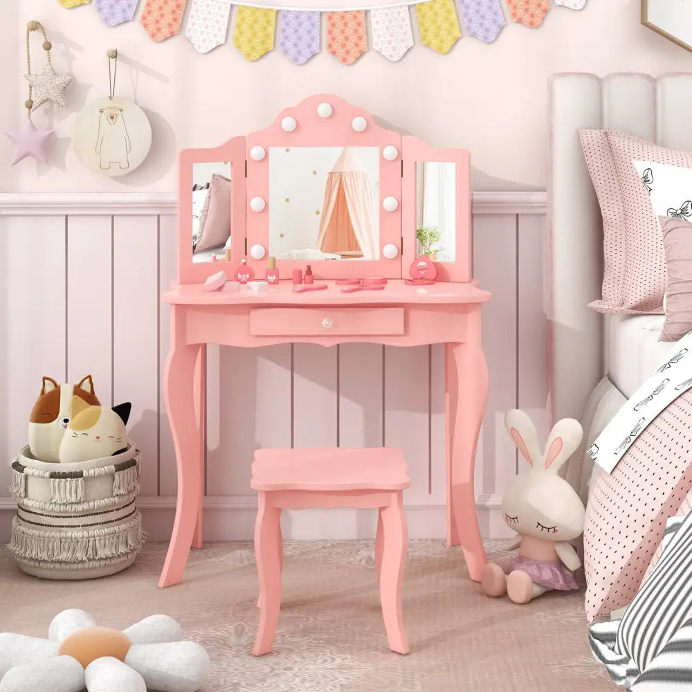 Kid Vanity Table Stool Set with Tri-Folding Mirror and 3-Color LED Lights-Pink - Pink - Kids Vanities