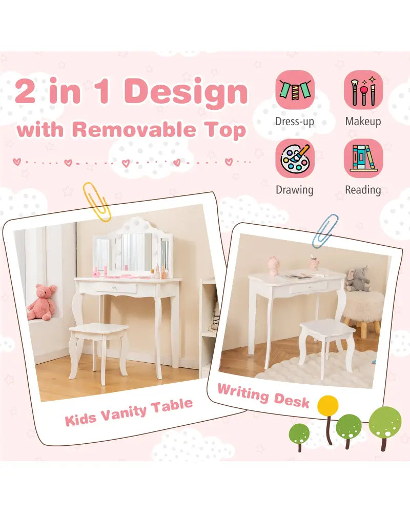 Kid Vanity Table Stool Set with Tri-Folding Mirror and 3-Color LED Lights-White - White - Kids Vanities