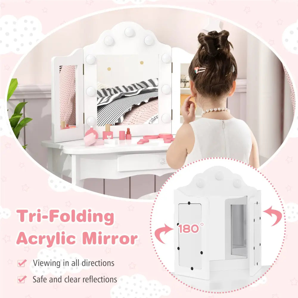 Kid Vanity Table Stool Set with Tri-Folding Mirror and 3-Color LED Lights-White - White - Kids Vanities