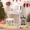 Kid Vanity Table Stool Set with Tri-Folding Mirror and 3-Color LED Lights-White - White - Kids Vanities